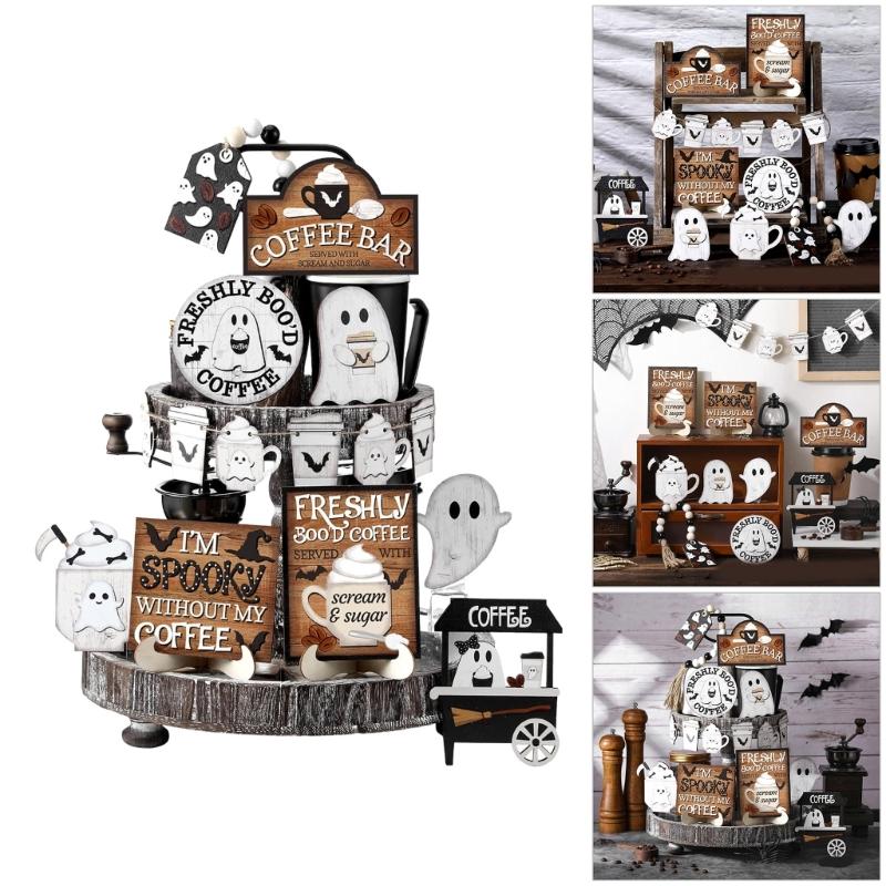 19PCS Halloween Coffee Specters Decors Wooden Sign Beads Tiered Tray Accent Farmhouses Style Home Party Tabletop Display