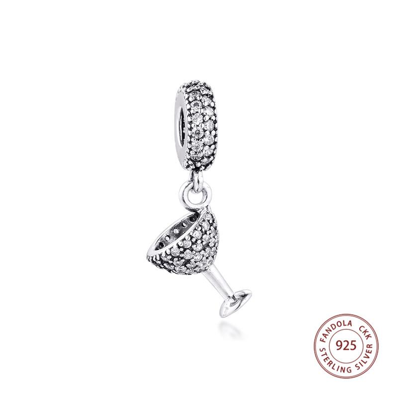 Fashion 925 Sterling Silver Clear CZ Cocktail Glass Dangle Charm Beads for Jewelry Making Fits Original Bracelet DIY Gift