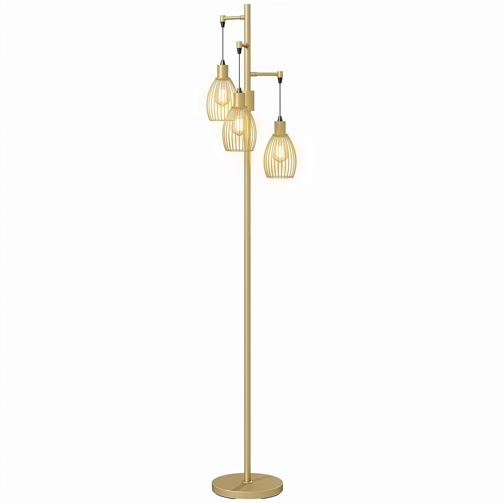 170.5cm Industrial Dimmable Standing Lamp, 3-Light Floor Lamp with Steel Wire Cage Lampshades, Gold Tone