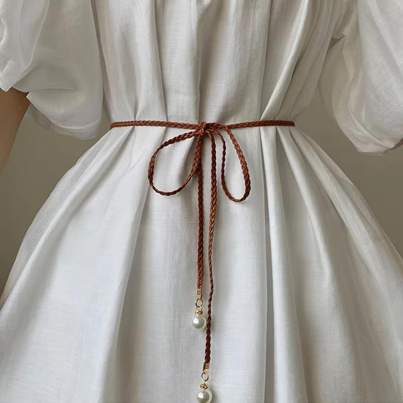 Elegant Braided Leather Pearl Belts For Women Lady Long Hemp Rope Thin Knot Waist Belt Bohemia Summer Tour Decor Waistband
