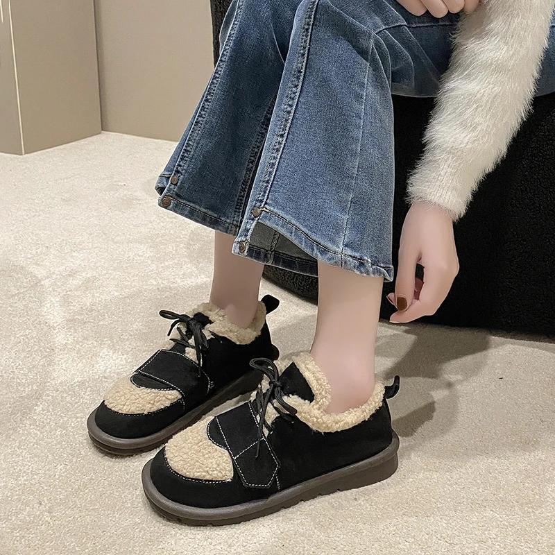 Cow Suede Basic Flats for Women 2024 Fashion Solid Casual Winter Ladies Shoes Lace-up Round Toe  Flats Zapatos Para Mujeres