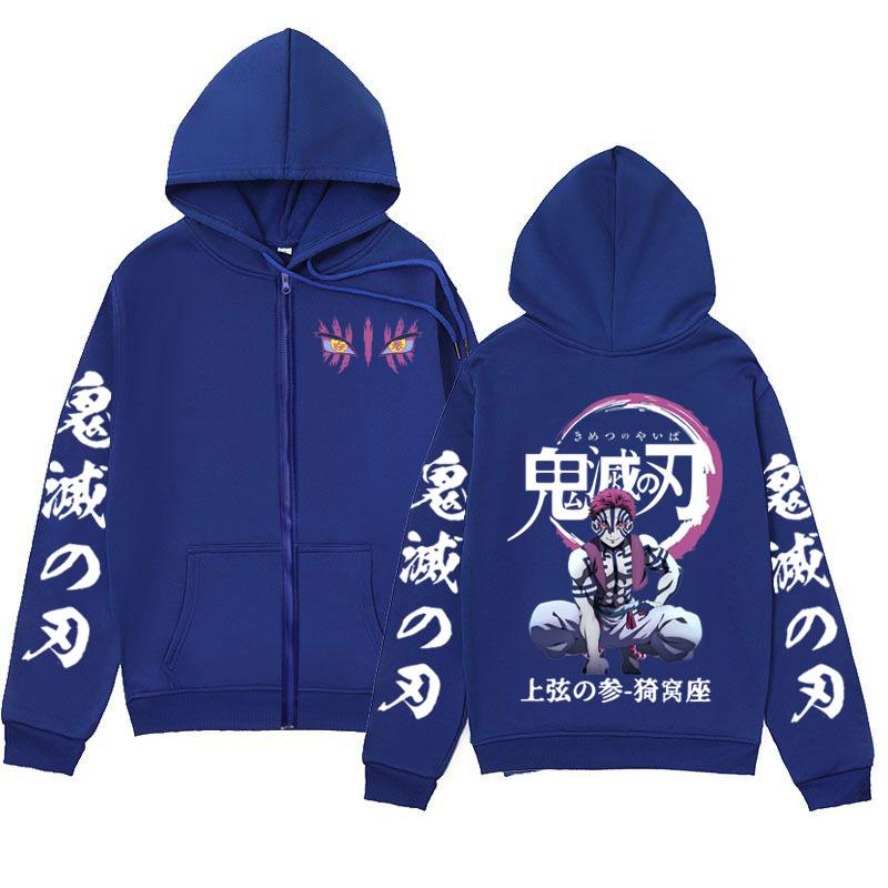 Anime Demon Slayer Akaza Eyes Graphic Zipper Hoodie Fashion Vintage Zip Up Sweatshirts Men's Women's Oversized Pullovers