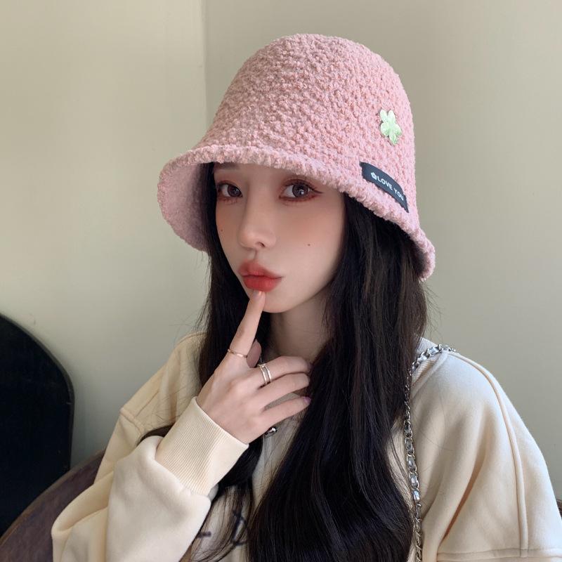 Korean New Autumn and Winter Hat for Women Metal Label Imitation Lamb Wool Fisherman Hat for Winter Warm Face-showing Small Basin Hat