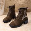 Vintage Embroidered Mid-heel Martin Boots Women's Fall 2025 New Plus-size Block Heel Side Zipper Booties