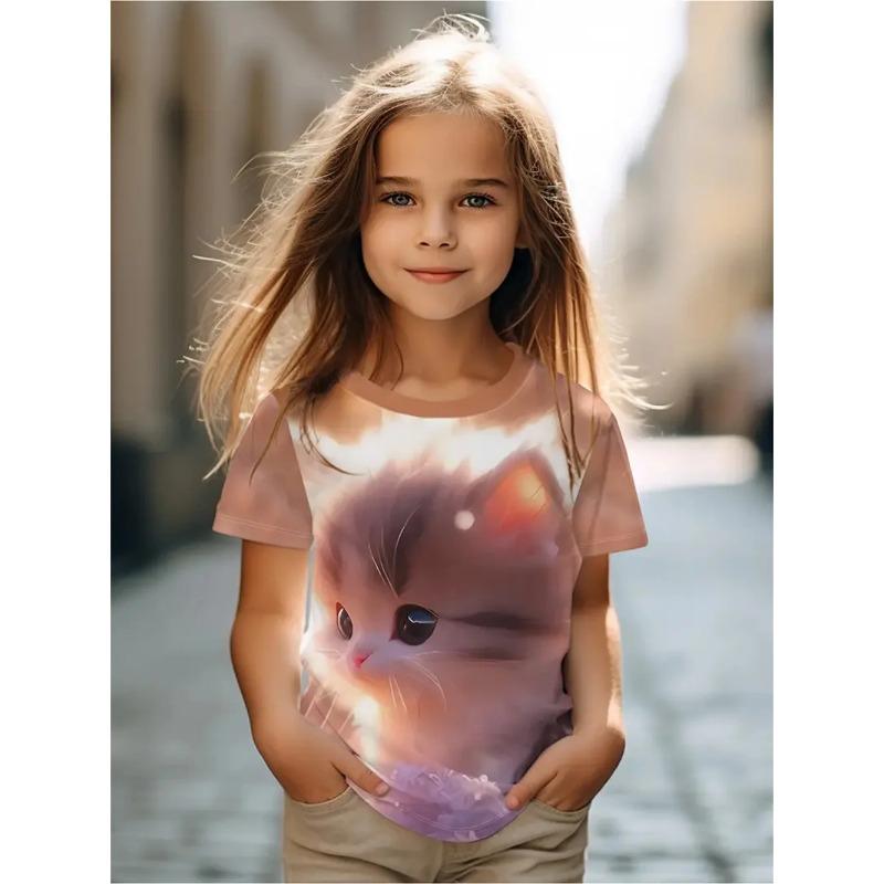Vtipná dívčí trička Letní top s krátkým rukávem Kreslená zvířata Kočka 3D potisk Dívčí oblečení Ležérní trička