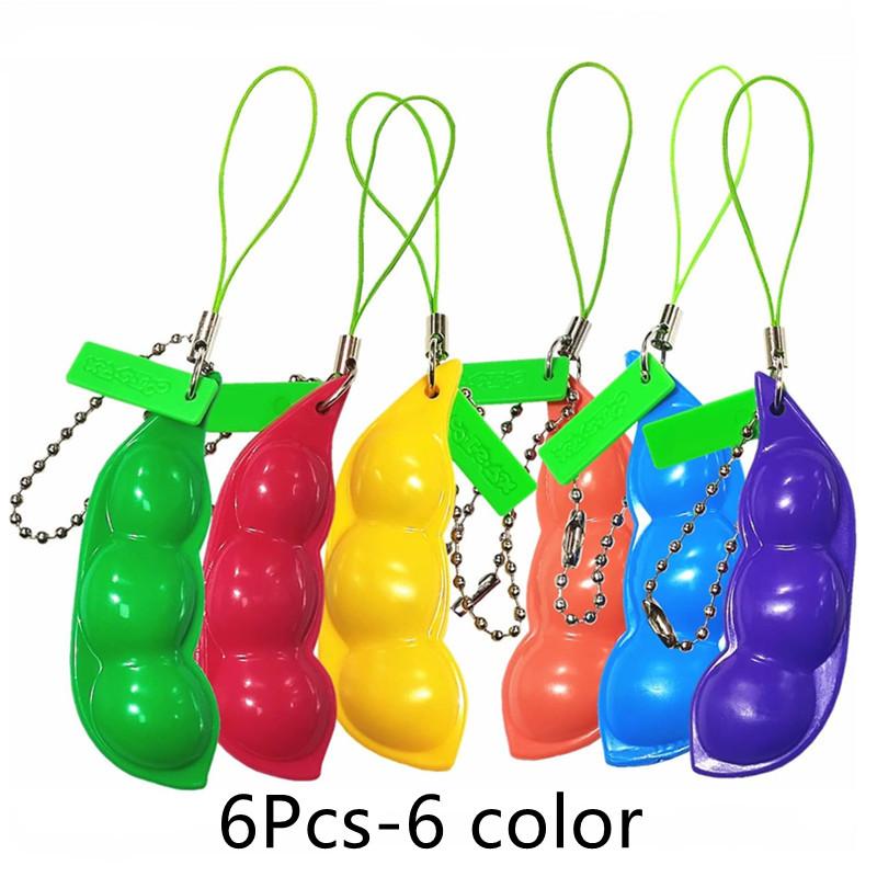 6Pcs Fidget Toy Set Squeeze Bean Soybean Stress Relieving Playful Charms Extrusion Edamame Pea Keychain for Mobile Phones Keys