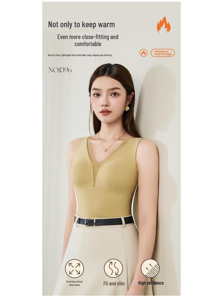 Women's Warm Wool Silk V-Neck Mesh Vest with Fleece & Bra Pads