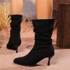 Fashion Vintage Solid Suede Mid Calf Boots Women 2025 Autumn Elegant Pointed Toe High Heel Riding Boots French Retro Clip On Botas
