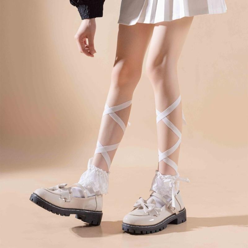 Women Japanese Ballet JK Sweet Ruffle Lace Cotton Crew Socks Elegant Ribbon Tie Bandage Solid Color Ankle Socks Hosiery