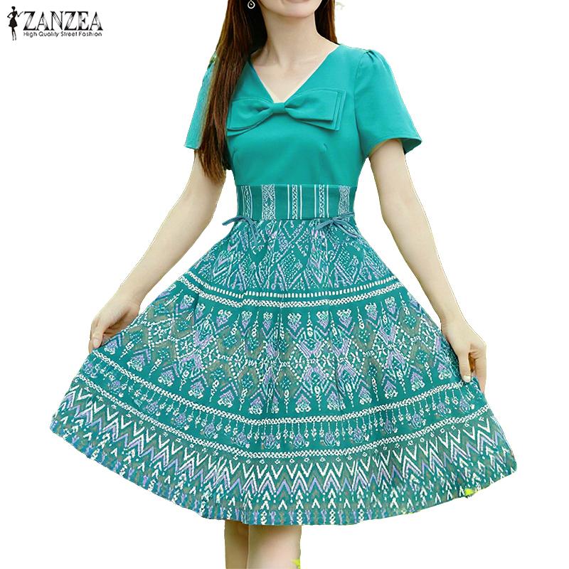 ZANZEA Women Summer V-Neck Short Sleeve Casual Print Dress