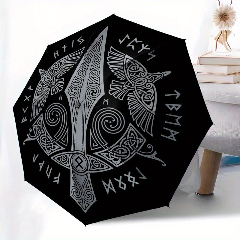 Viking Shield Wall Art, Norse Decor with Spear and Ravens Umbrella, Cute Umbrella with Cute Design, Portable 3-Fold Compact Umbrella for Men & Women,