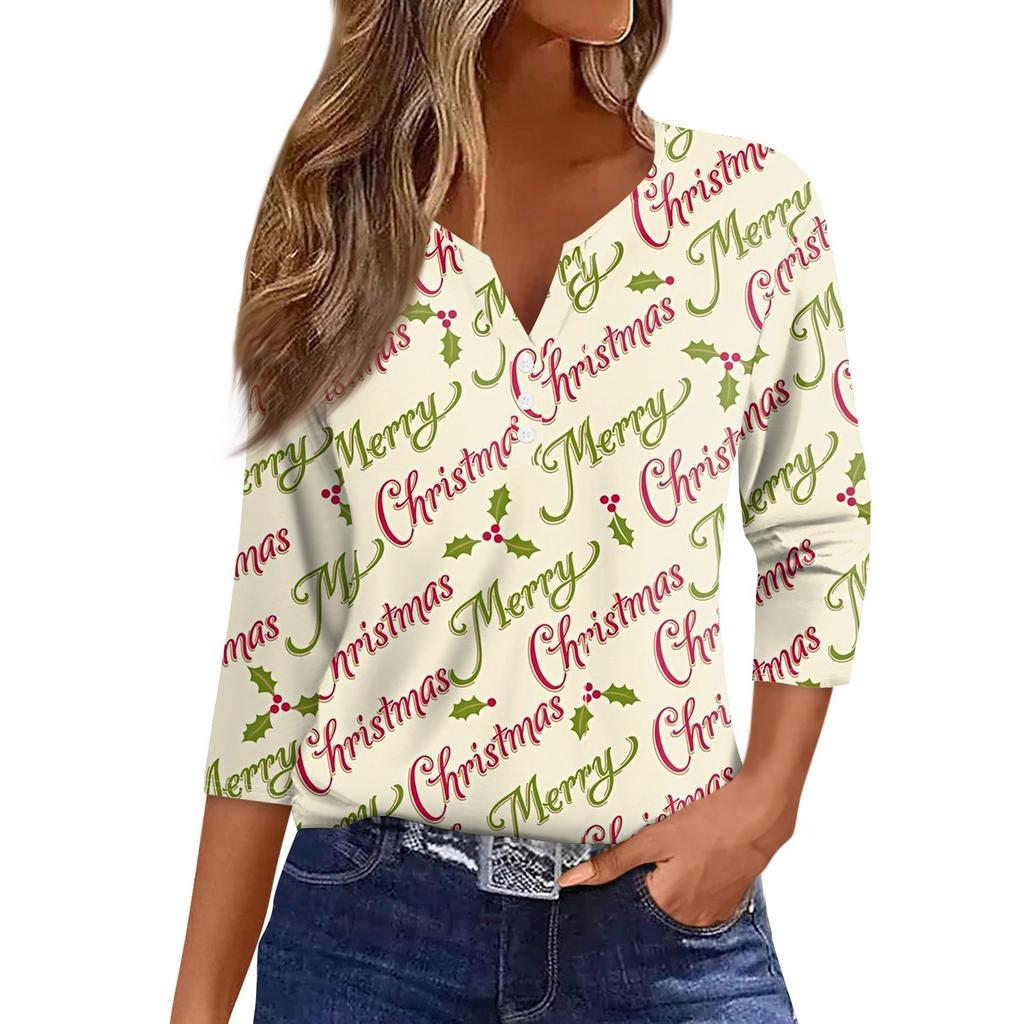 Women's T Shirt Tee Christmas Print Button 3/4 Sleeve Daily Weekend Fashion Basic V Neck Regular Top