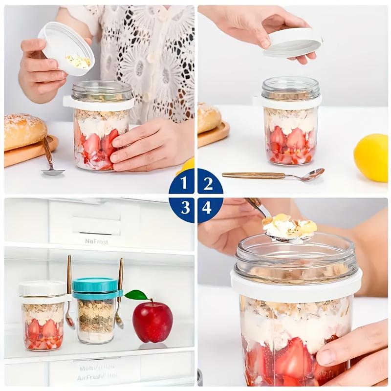 4pcs 11.83oz Glass Oatmeal Cup with Spoon, Breakfast Cup with Scale, Portable Breakfast Salad Jar, Yogurt Container, Storage Tank for Family Dining