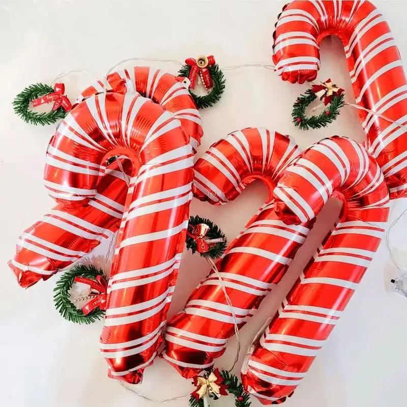 Red Christmas Candy Cane Foil Decor Balloons Xmas Santa Canes Stick Candy Balloon For New Year Festival Holiday Party Decor