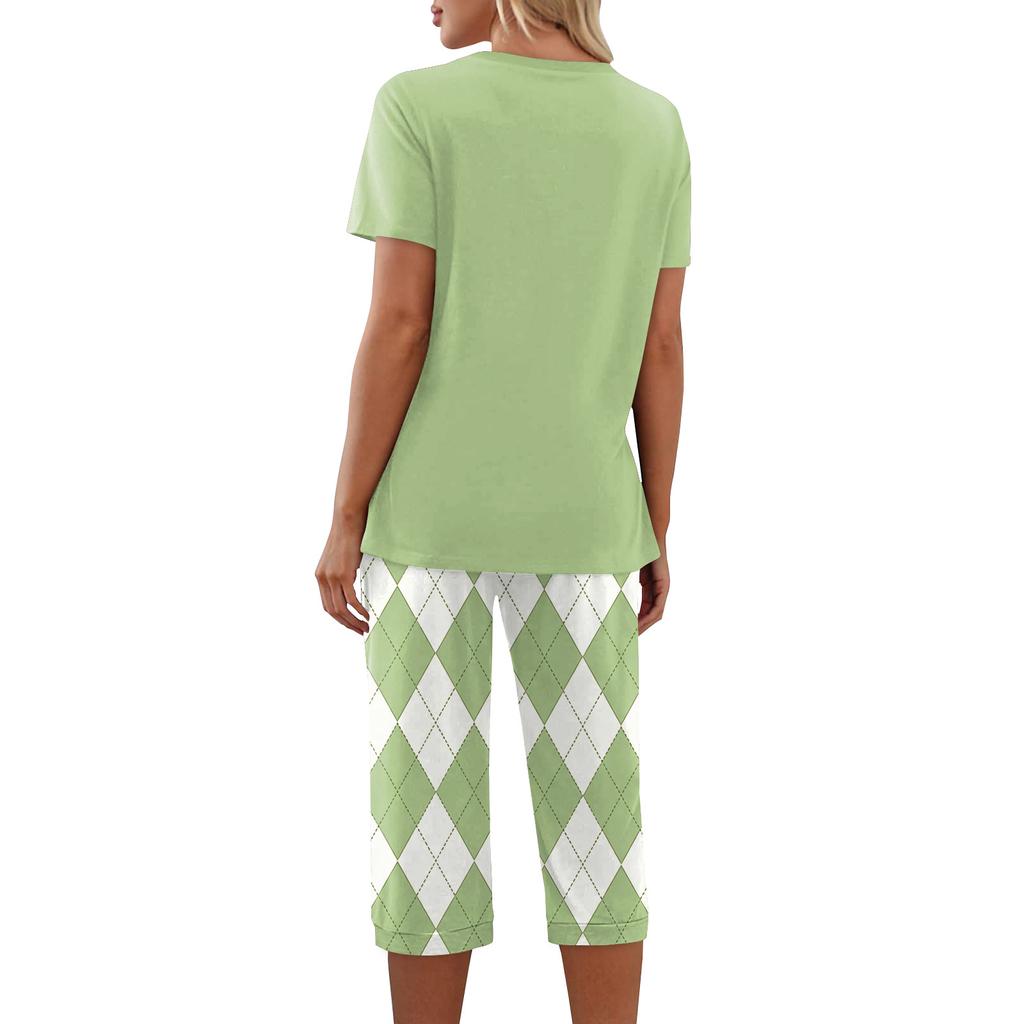 Women's Printed Two Piece Short Sleeve Pajama Set with Pants for Casual Sleepwear