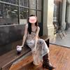 Women's French Retro Butterfly Print Maxi Dress for Spring and Summer Vacations
