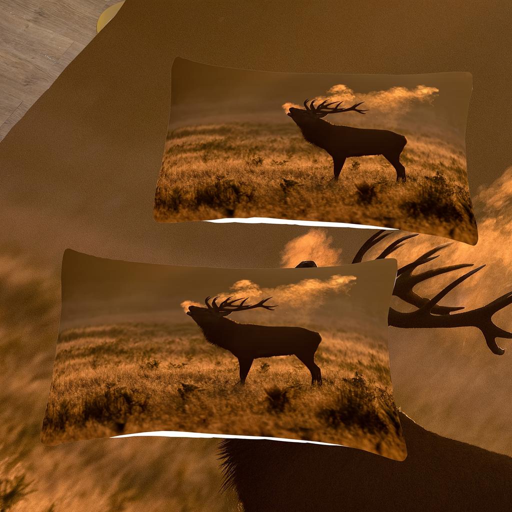 2/3Pcs Deer Pattern Print Bedding Set - Vibrant Sunset Meadow Design For Boys' & Girls' Bedroom Decor, All-Season Use