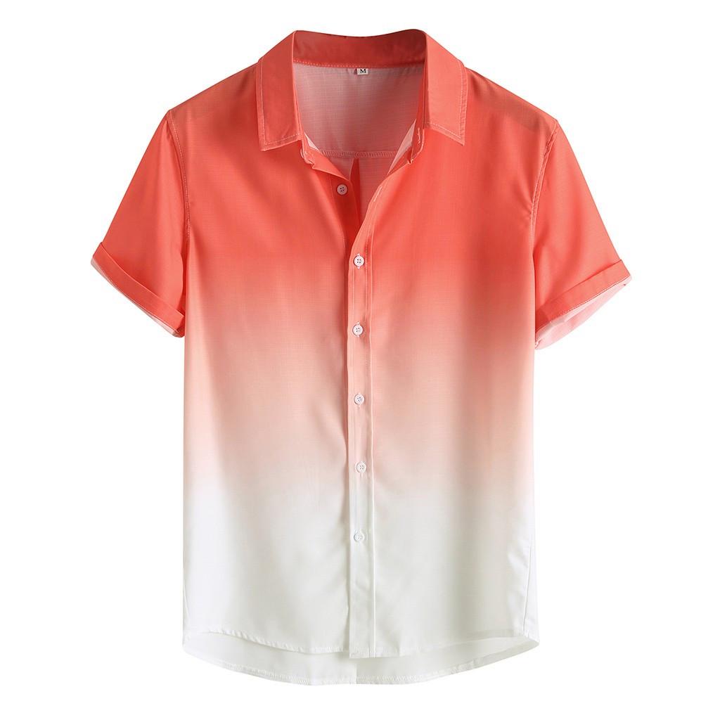 Men's Loose Blouse Breathable Short Sleeve Turn-Down Collar Gradient Shirt