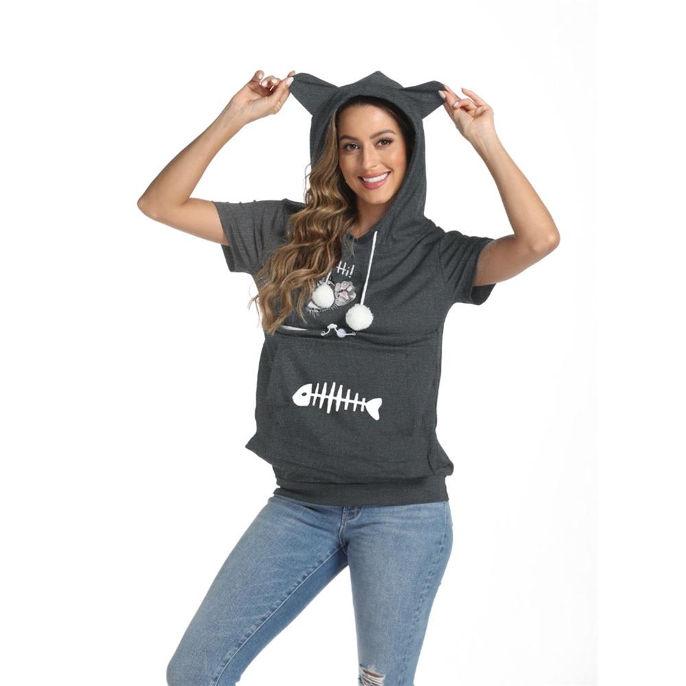 Women's summer short-sleeved large pocket cartoon printed casual drawstring hooded T-shirt