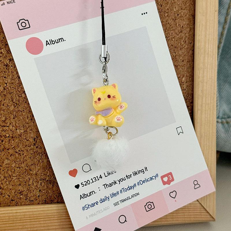 Cartoon Kitten Plush Ball Keychain Anti Lost Phone Charm Pendant Cellphone Chain Phone Lanyard Strap Women Girls