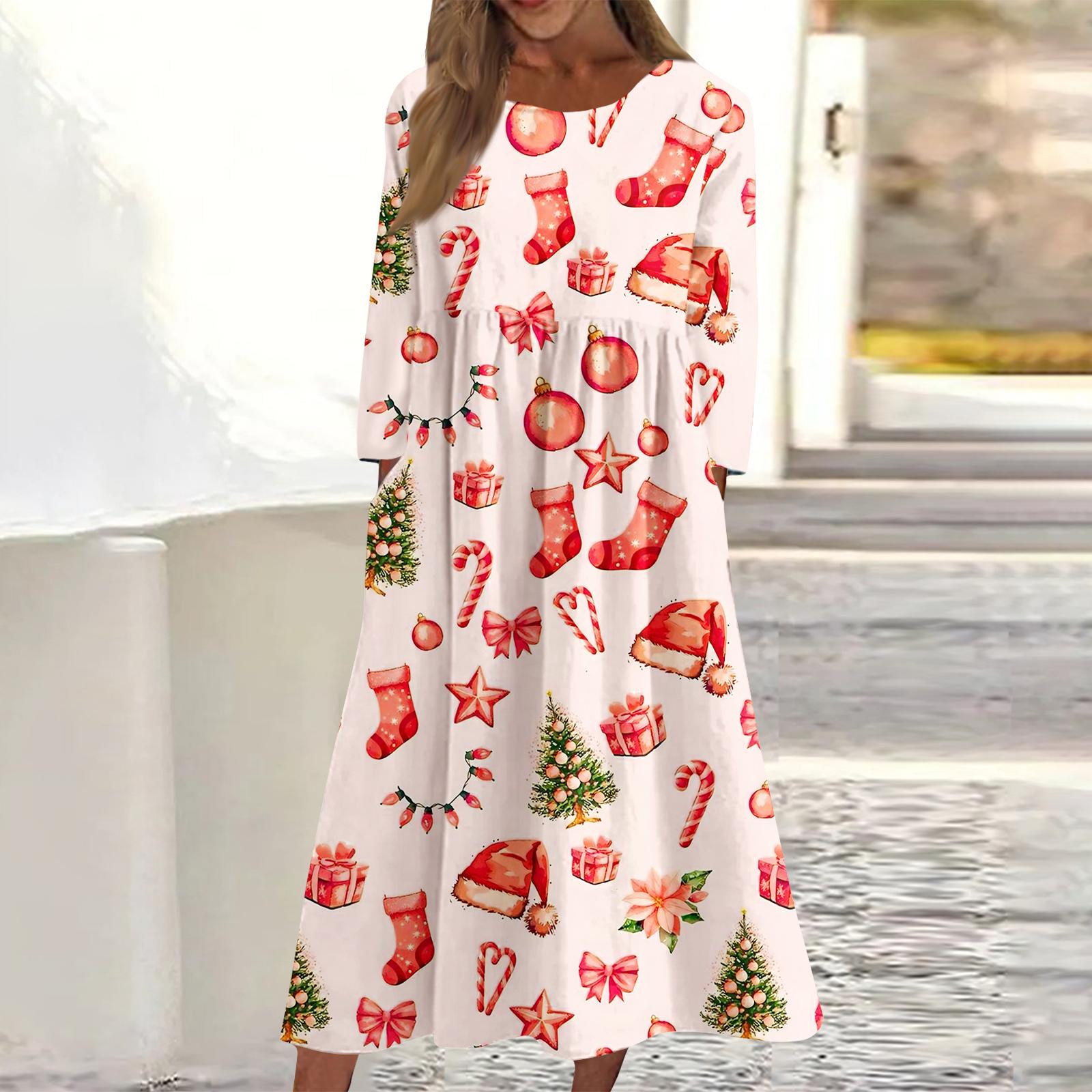 

Женское повседневное миди-платье с круглым вырезом и рождественским принтом, с длинным рукавом и карманом XL белый