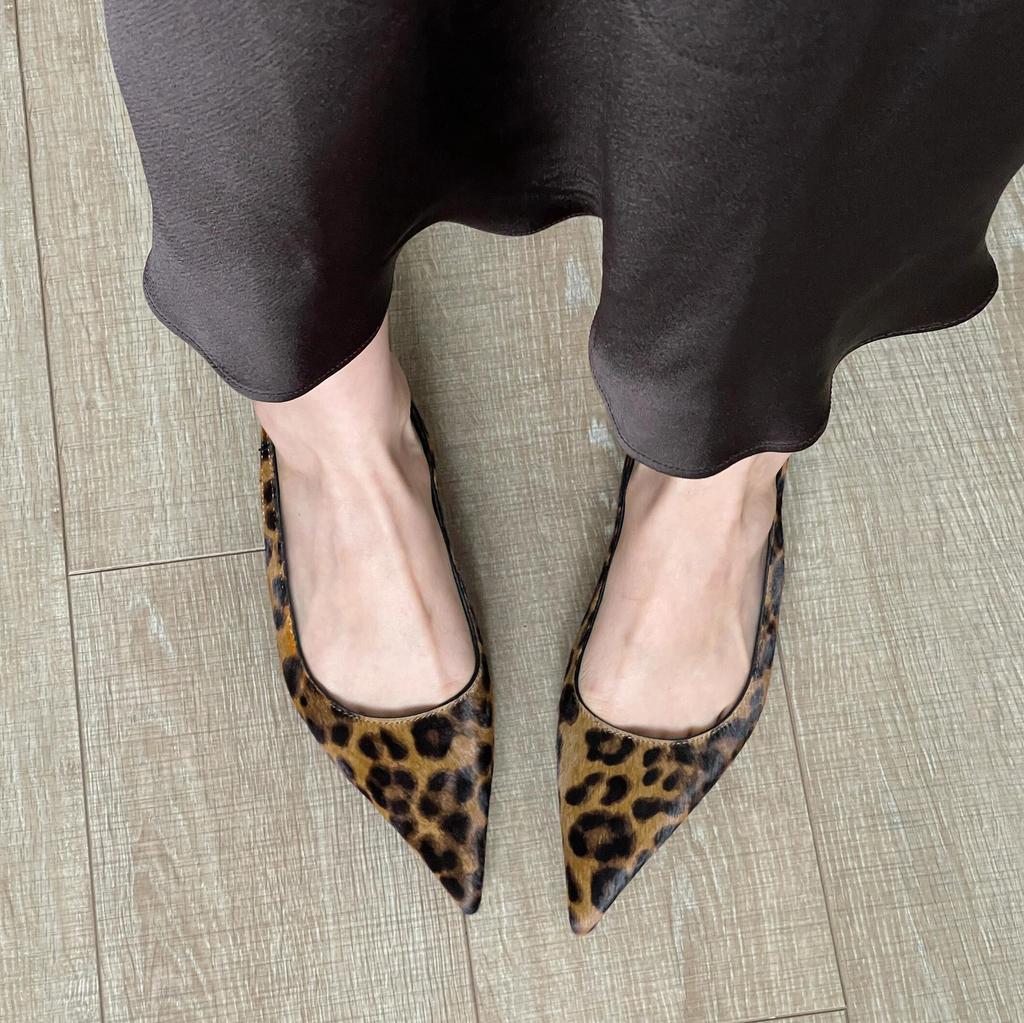 Cowhide Version~ Foreign Leather Leopard Print Shoes Bag Head High Heel Sandals Women's Pointed Head High Heels French Small Sandals Sandals