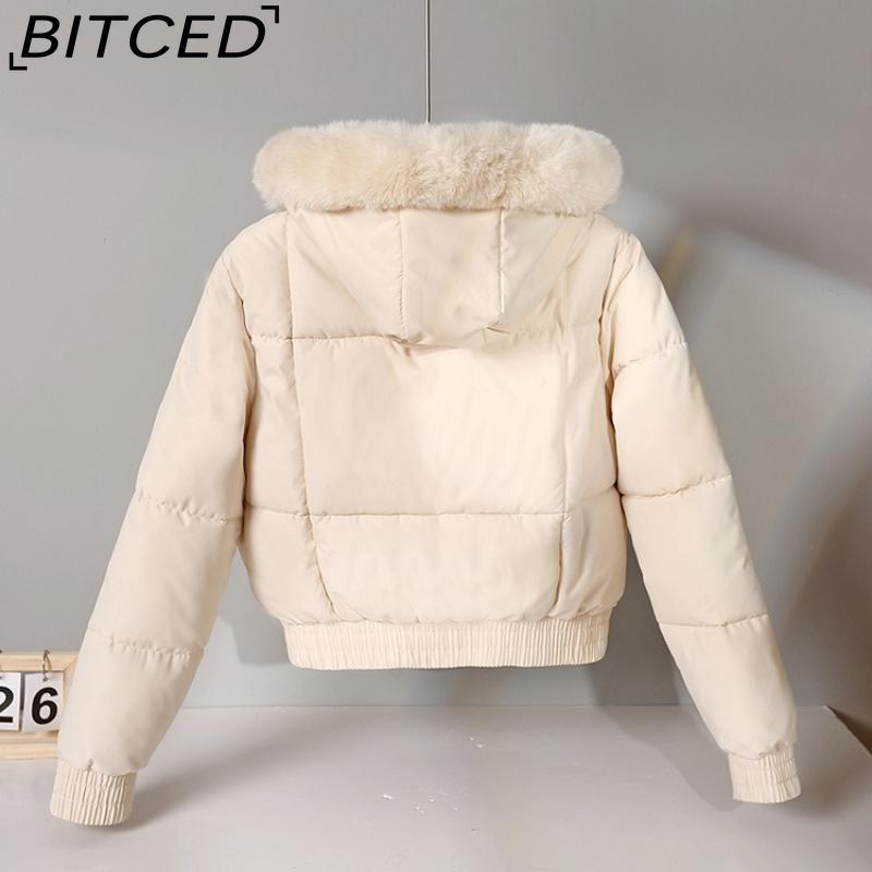 BITCED Women's Short-Length Puffer Coat Winter Fleece-Lined Thickened Cotton Jacket with Large Fur Collar Bread-Style Outerwear