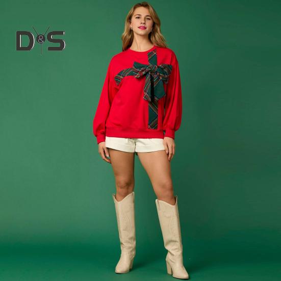 Christmas Hoodie Women O-Neck Long Sleeve Plaid Print Bowknot Decor Sport Tops Loose Fit Casual Pullover Tops