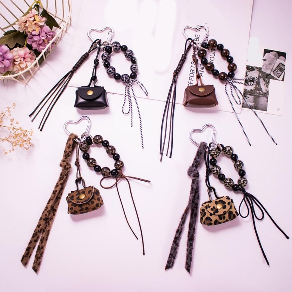Stylish Mini Leopard Print Purse Keychain With Beaded Rope Bag Charm Pendant Fashion Bag Accessories for Women Girls