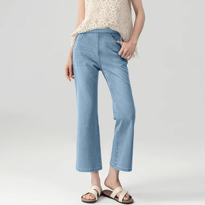 Petite High-Waisted Tencel Maternity Flare Jeans - 7/8 Length, Summer Thin Style with Drawstring M (85-105 lbs)