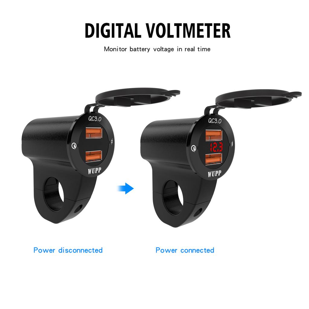 Waterproof Mobile Phone Charging Voltage Meter 12V/2A QC 2.0/3.0 USB Charger Socket for Car Boat Motorcycle Dual USB Power Outlet with LED Digital