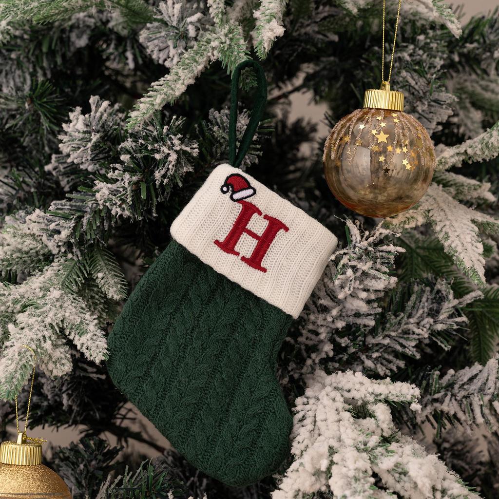 Haobei Green Knitted Christmas Stocking with Embroidered Lettering – Woolen Gift Bag Décor