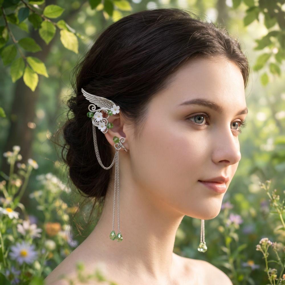 Left Ear Right Ear Zinc Zinc Alloy Elf Ear Clip Crystal Long Tassel Earrings Wings Ear Cuff Cosplay Jewelry