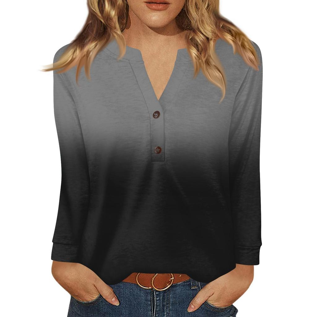 Damen T-Shirt Print Knopf Langarm Täglich Wochenende Mode Basic V-Ausschnitt Regulär Oberteil
