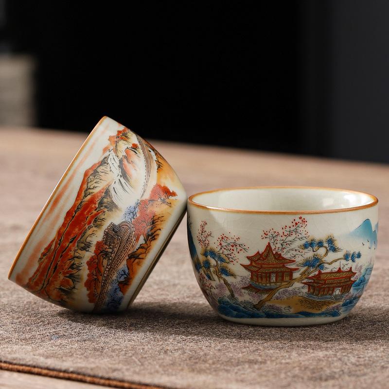 Ceramic Single Cup Retro Master Cup Kung Fu Tea Cup Yellow Ru Kiln Tea Bowl Crackle Glaze Nurturing Tea Bowl