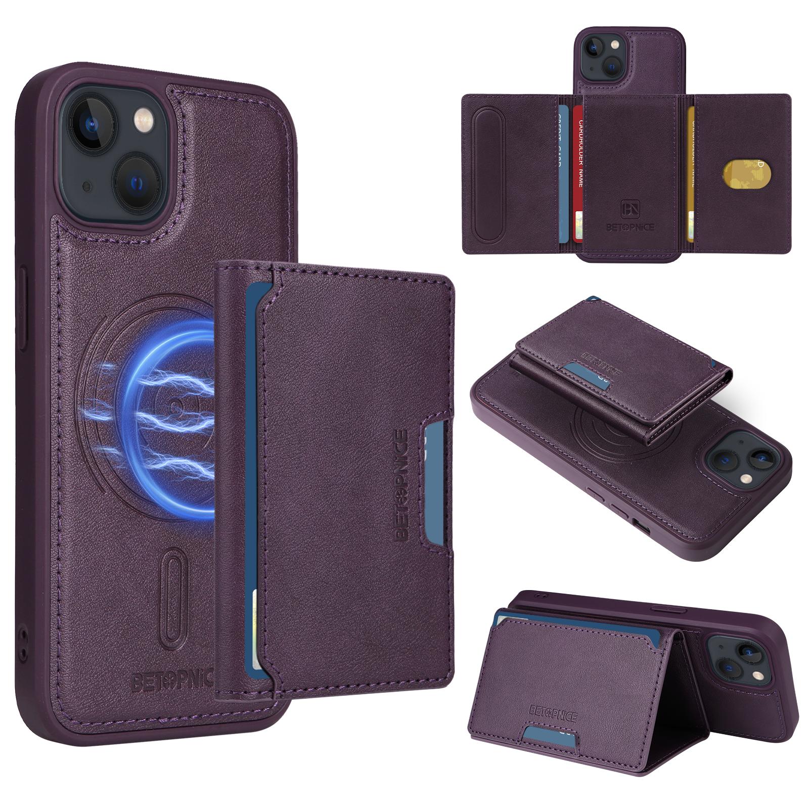 

For iPhone 14/iPhone 13 6.1 inch Magnetic Case BETOPNICE Leather Phone Cover Kickstand with Detachable Card Bag B