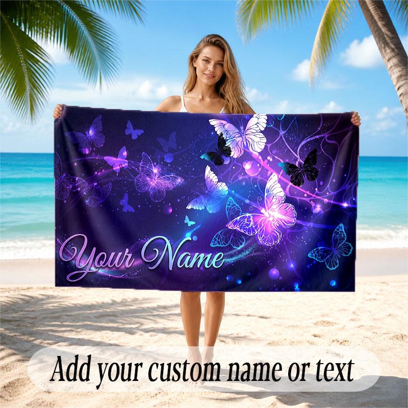 Butterfly Theme Soft Beach Towel Personalized Custom Name Text Towel Portable for Beach Pool Travel