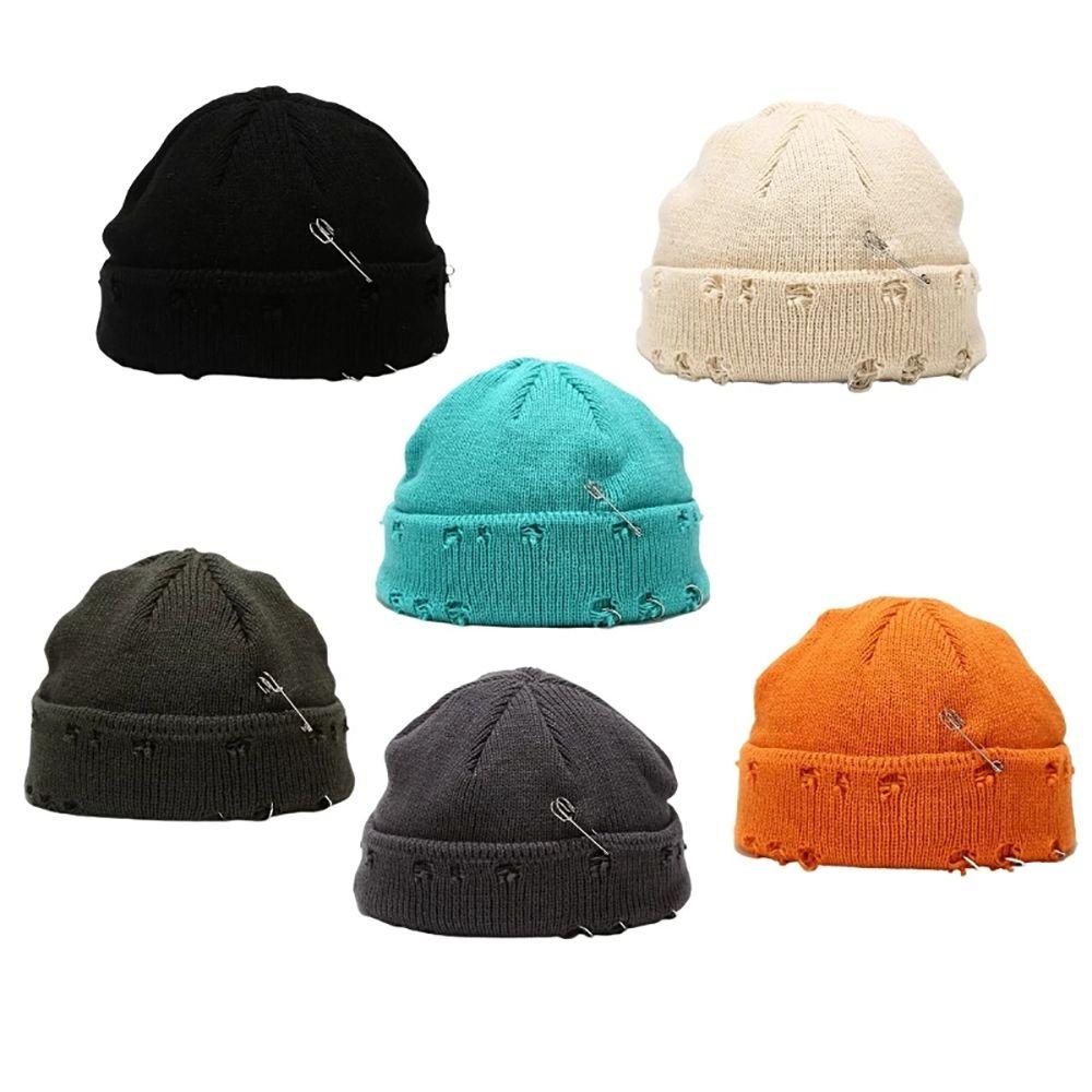 Cute Casual Distressed Hole Male O-Ring Winter Female Beanie Hat Knitted Hat Warm Cap Solid Color