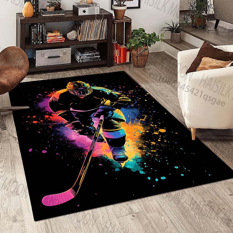 Bunte Illustration eines Hockeyspielers Teppich für Wohnzimmer Schlafzimmer Nachttisch Bodenmatte Garderobe Kinder Spielmatte Teppich