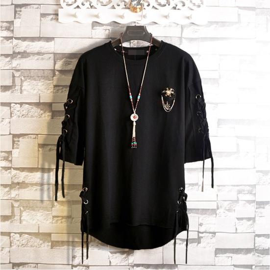 Letní Pánské tričko Šněrování Polorukáv Volný Hip Hop Streetwear O Krk Měkký Prodyšný Jednobarevný Pulovr Středně délka Ležérní Denní Top