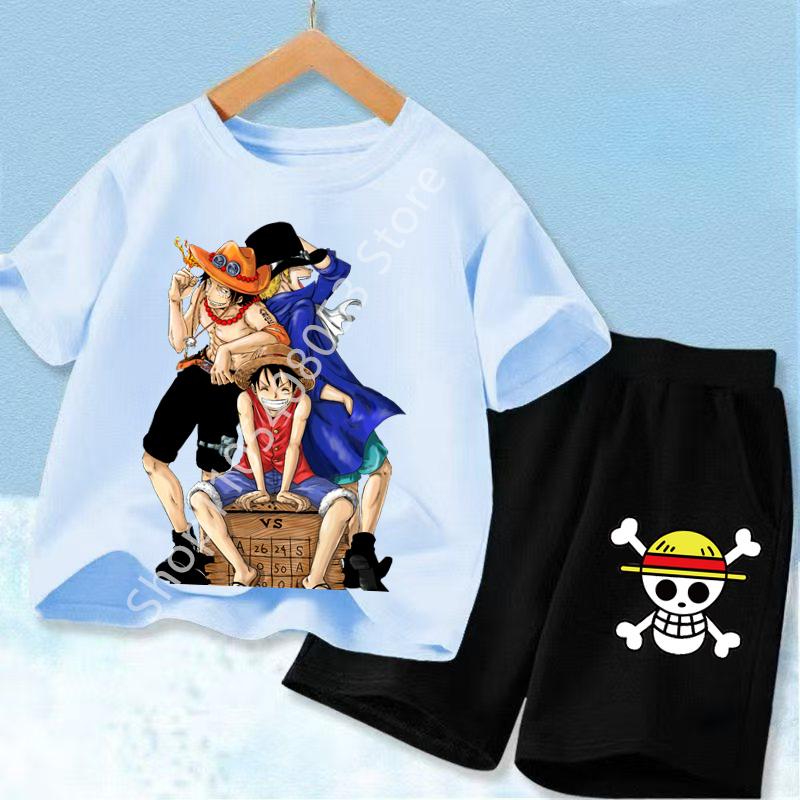 Ideal for Anime Fans, Comfortable and Fashionable Children's Clothing Cute One Piece Tony Tony Chopper Printed Kids T-Shirt Set