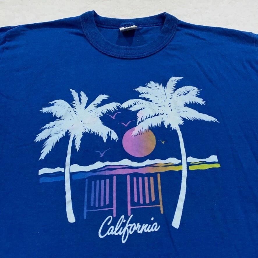 vtg 80s CALIFORNIA RAINBOW PALM TREES T-Shirt MEDIUM single stitch surf beach S