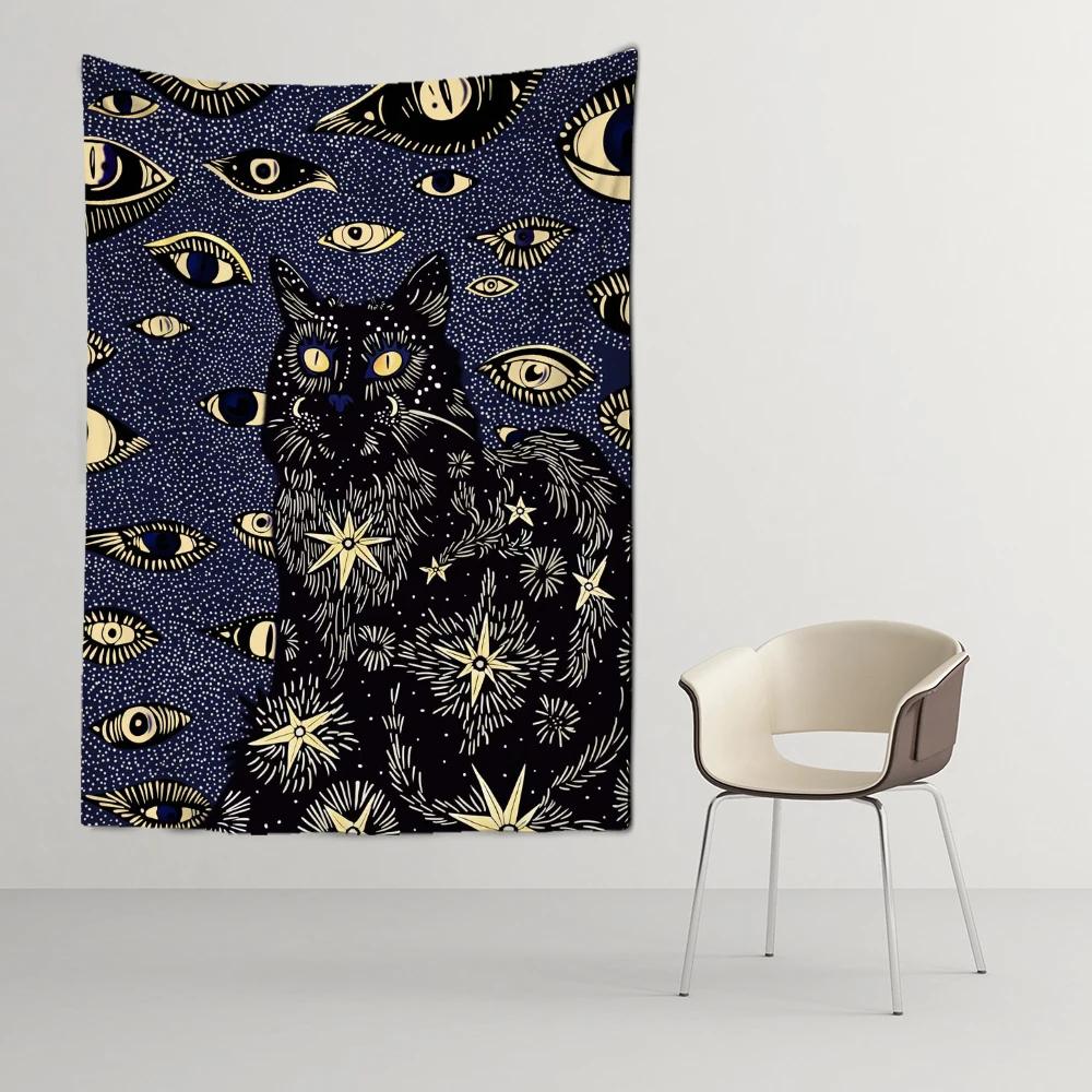 Mystical Cat Tapestry  Enchanting Eyes  Stars Design  Unique Wall Art for Home Decor Bedroom  Occult Lover Gift