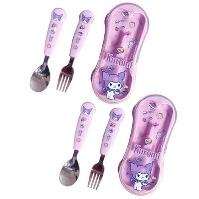 Lilpang Kinder Kuromi One Touch Bequemes Set aus Löffel + Gabel + Etui, verschiedene Farben, 2 Löffel + 2 Gabeln + 2 Etuis