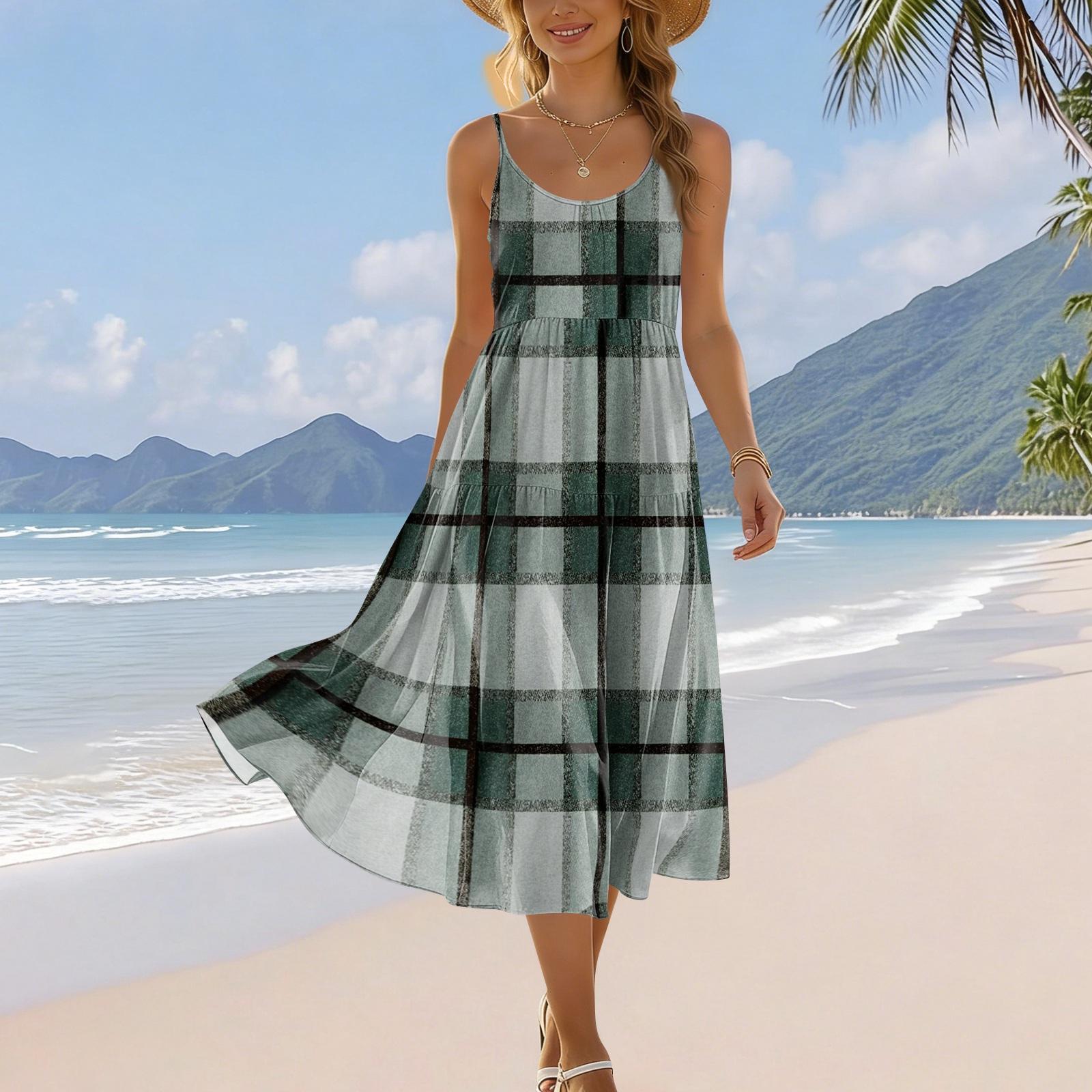 

Women s Summer Fashion Printed Pocket Adjustable Shoulder Strap Bohemian Leisure Beach Resort Strap Dress L