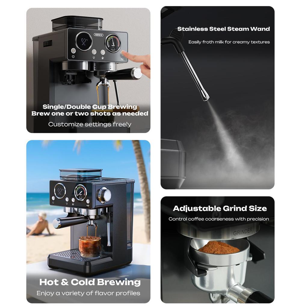 HiBREW Ekspres do kawy H20 Espresso 1350W 20Bar z wbudowanym młynkiem, spieniaczem do mleka, 20-stopniową regulacją mielenia, zbiornikiem na wodę 1,8L