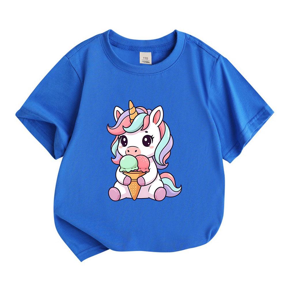 Kids Boys Girls Crew Neck Short Sleeve 100% Cotton T-Shirt, Cute Cartoon Unicorn Eating Ice Cream Pattern Casual Soft Breathable Tee Tops for Children