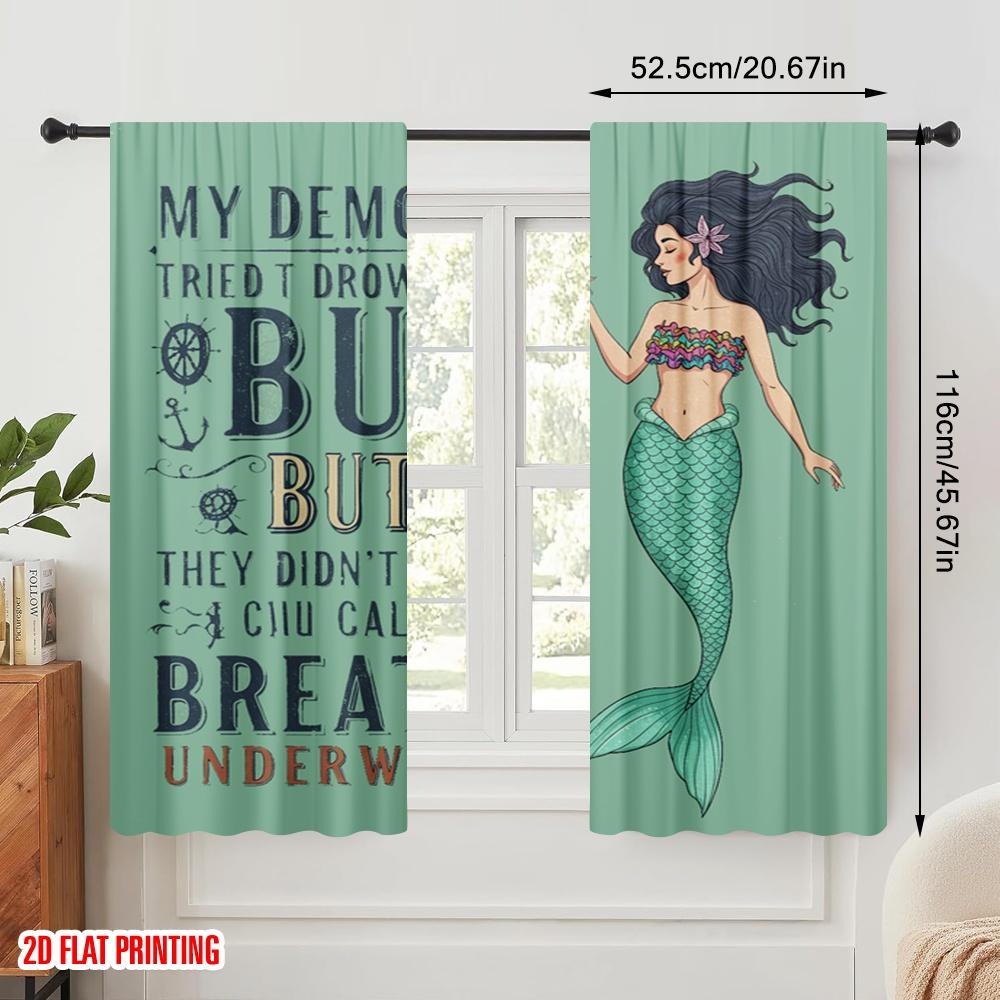 2 Stück 2D Flachdruck Vorhänge Meerjungfrau Atmen Unterwasser Ozean Polyester Ohne Strom Festliche Wanddekoration Für Partys