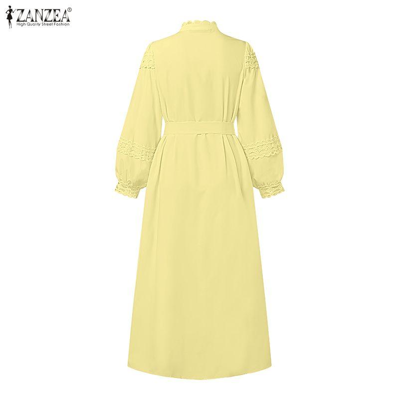 ZANZEA Women Casual Round Neck Long Sleeve Lace Patchwork Long Dress