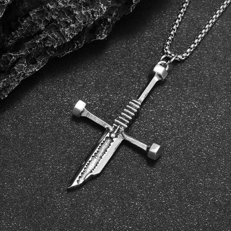 Retro Broken Sword Necklace Trendy Men Personality Made of Old Imitation Thai Silver Broken Sword Cross Pendant Mens Collarbone Chain